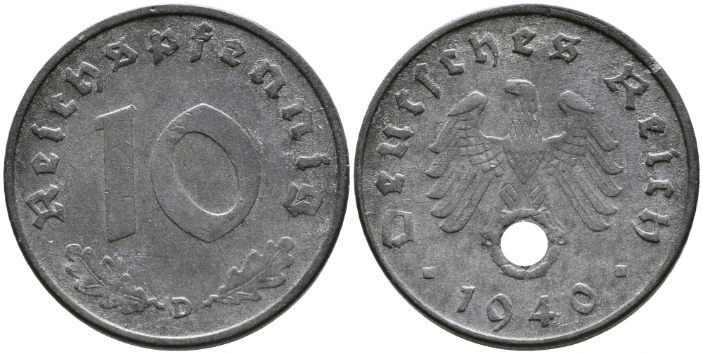 ГЕРМАНИЯ 10 РЕЙХСПФЕННИГОВ 1940 D, KM 101, J. 371 цинк 4525-1222
