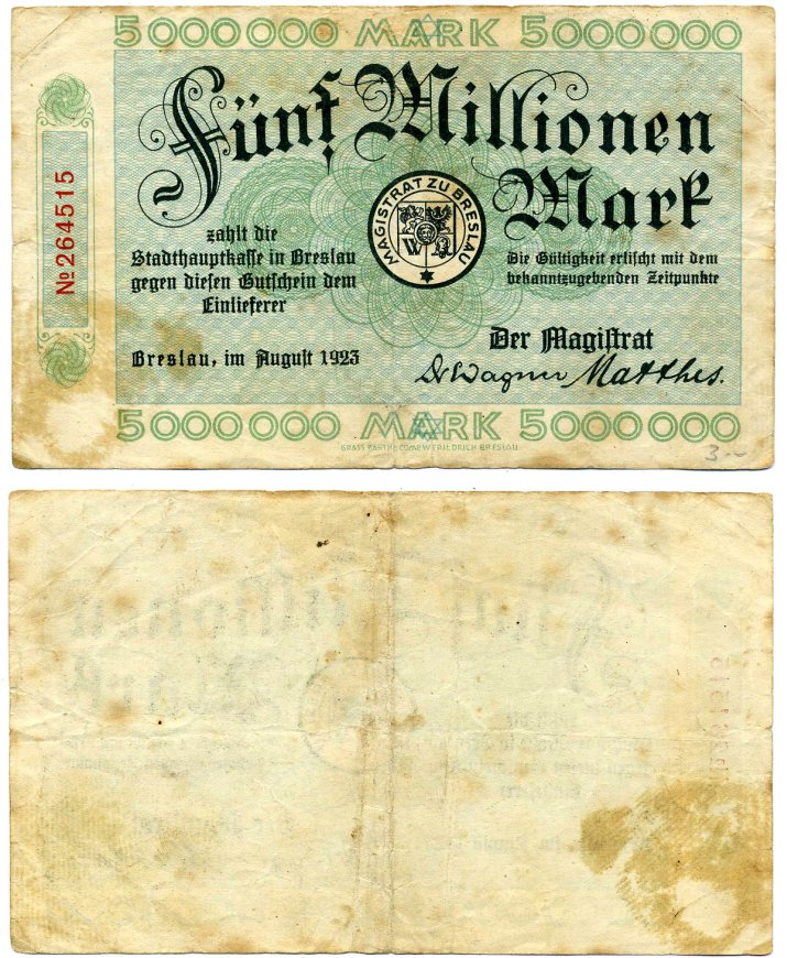 БРЕСЛАУ 5000000 марок (5 миллионов) 1923 АВГУСТ 1923, нотгельд, земля СИЛЕЗИЯ, ТЕКСТ ЗЕЛЁНЫЙ, ФОН ГОЛУБОЙ Keller 602d бумага 2193-27-2-2