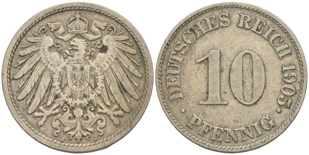 Германия 10 пфеннигов 1905 J KM 12, J. 13 медно-никель 34-255