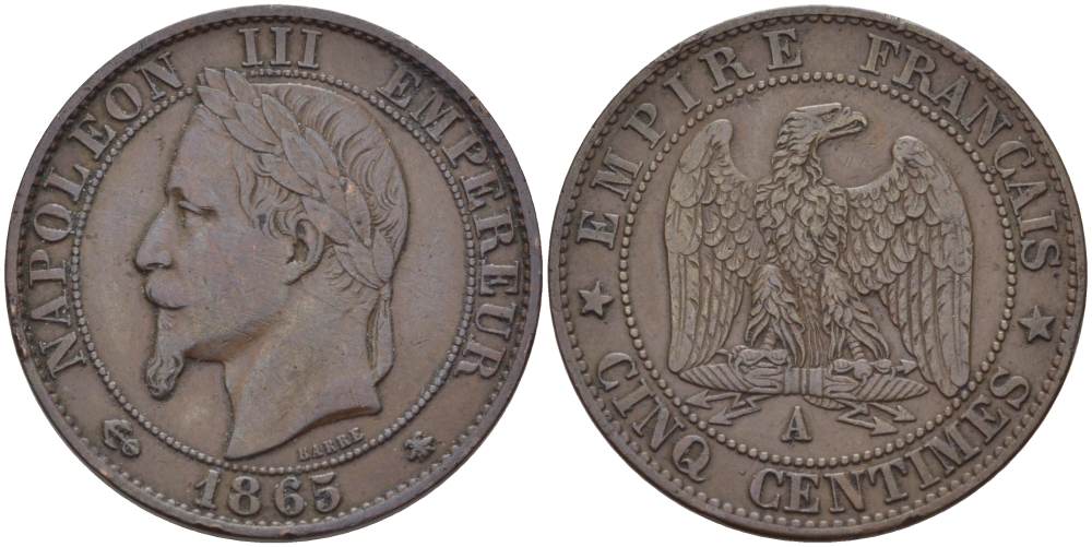 ФРАНЦИЯ 5 САНТИМОВ 1965 А, НАПОЛЕОН III KM 797.1 бронза 28-644