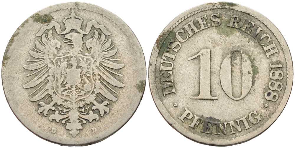 ГЕРМАНИЯ 10 ПФЕННИГОВ 1888 D, СТАРОГЕРБОВКА KM 4, J. 4 медно-никель 4401-332