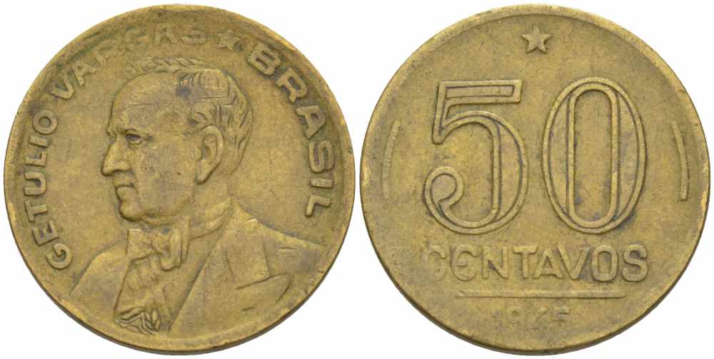 БРАЗИЛИЯ 50 СЕНТАВО 1945 ВАРГАС KM 557а алюминиевая бронза 108-1127