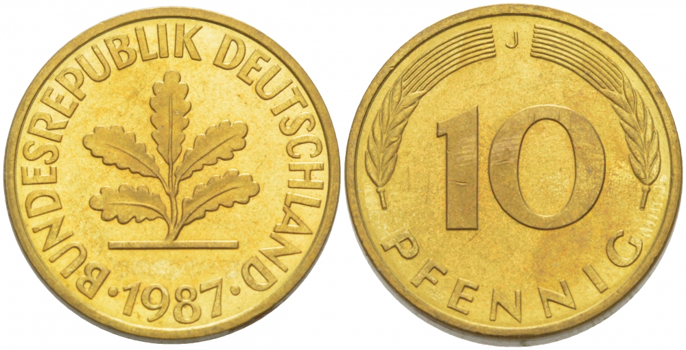 ФРГ 10 ПФЕННИГОВ 1987 J KM 108, J.383 сталь плакированная латунью 3996-713