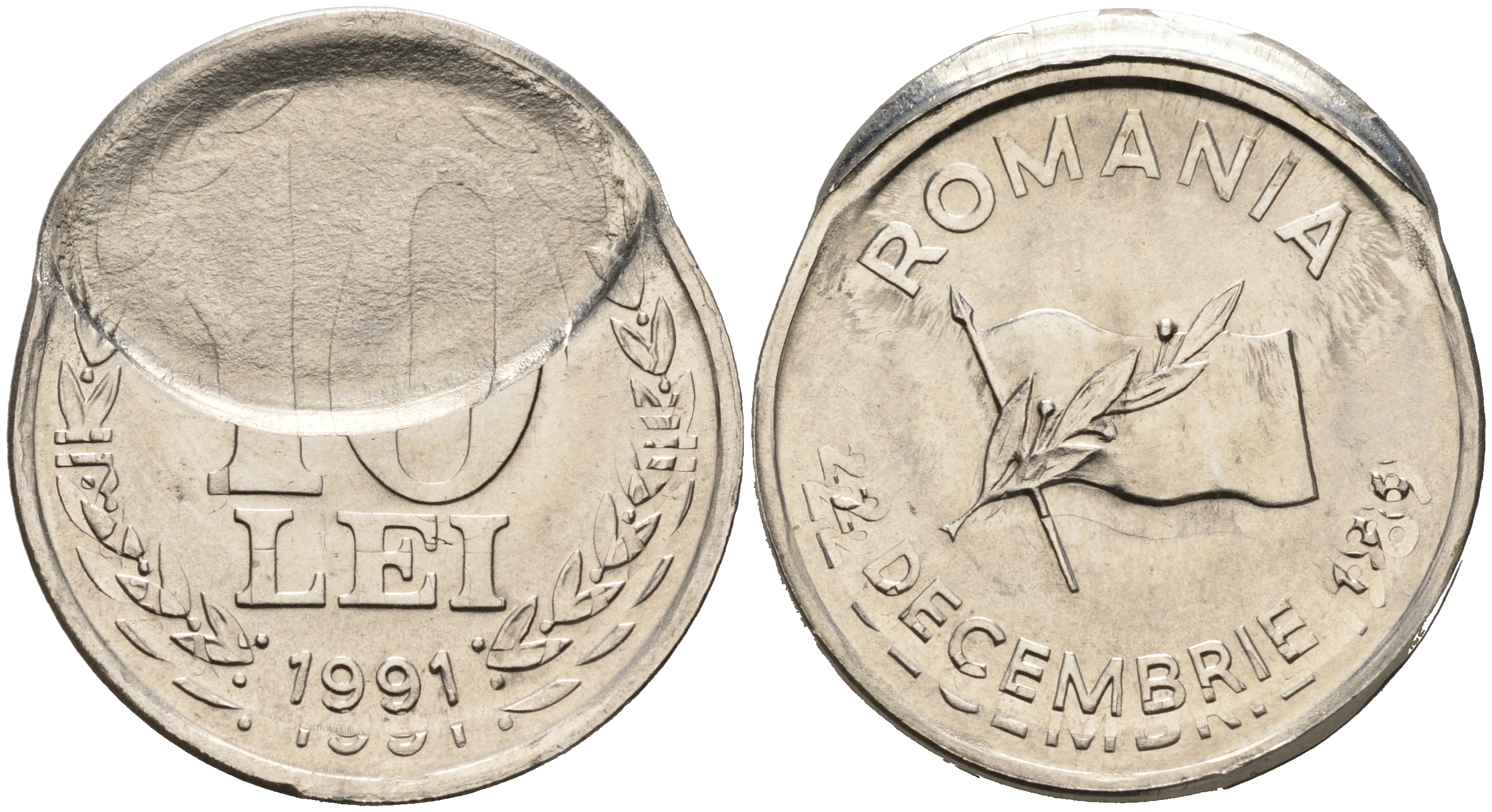 Румыния 10 леев 1991 технологический брак монетного двора KM 108 сталь плакированная никелем  UNC  441-511