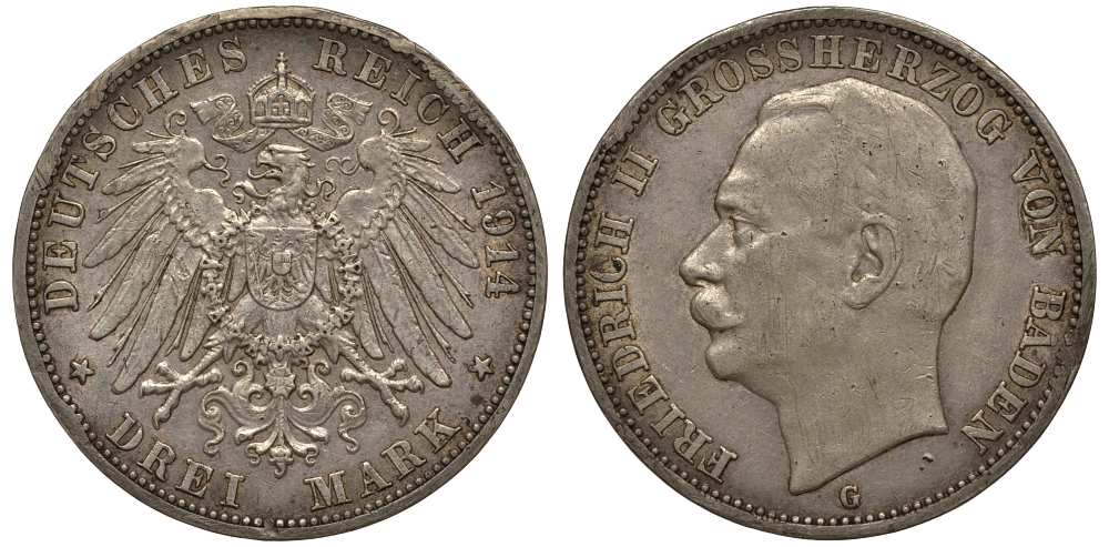 Баден 3 марки 1914 Фридрих II (1907-1918) J. 39, KM 280 серебро 413-722