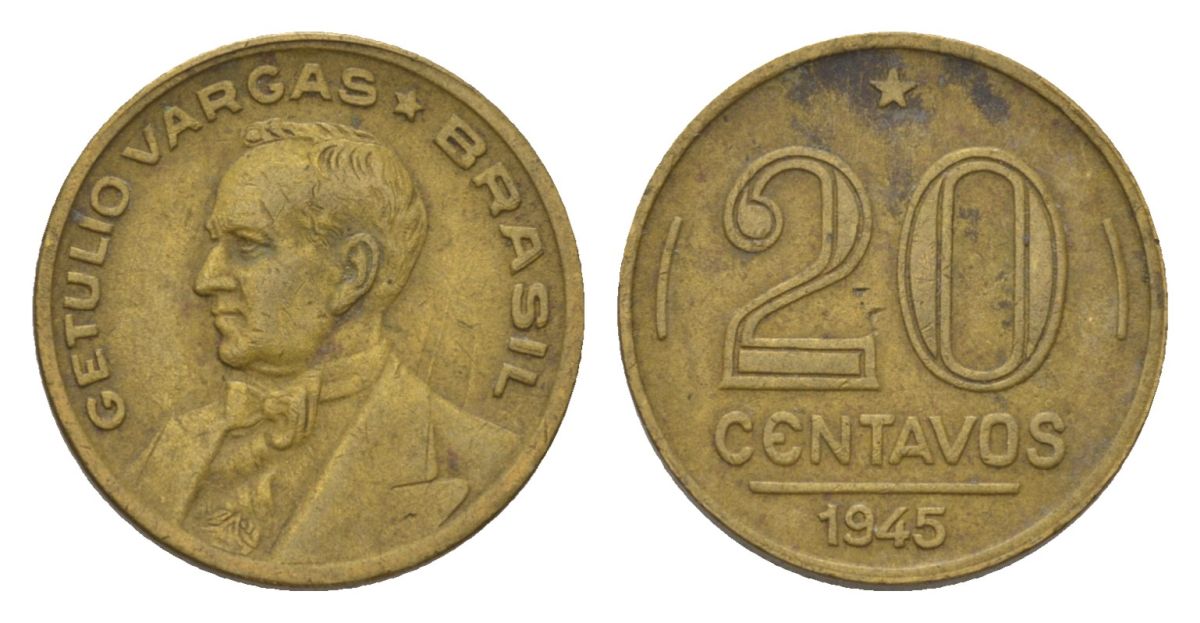 Бразилия 20 сентаво 1945 Жетулиу Варгас KM 556a алюминиевая бронза 4625-939