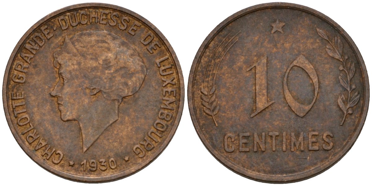 Люксембург 10 сантимов 1930 Шарлотта (1918-1964) KM 41 бронза 4577-237