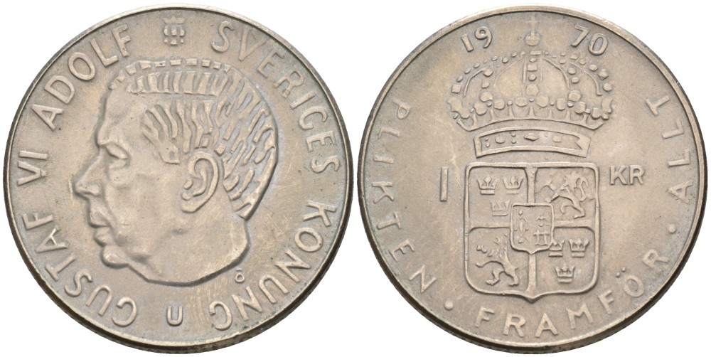 Швеция 1 крона 1970 U, Густав VI Адольф (1950-1973) KM 826а медь плакированная медно-никелем 4557-413