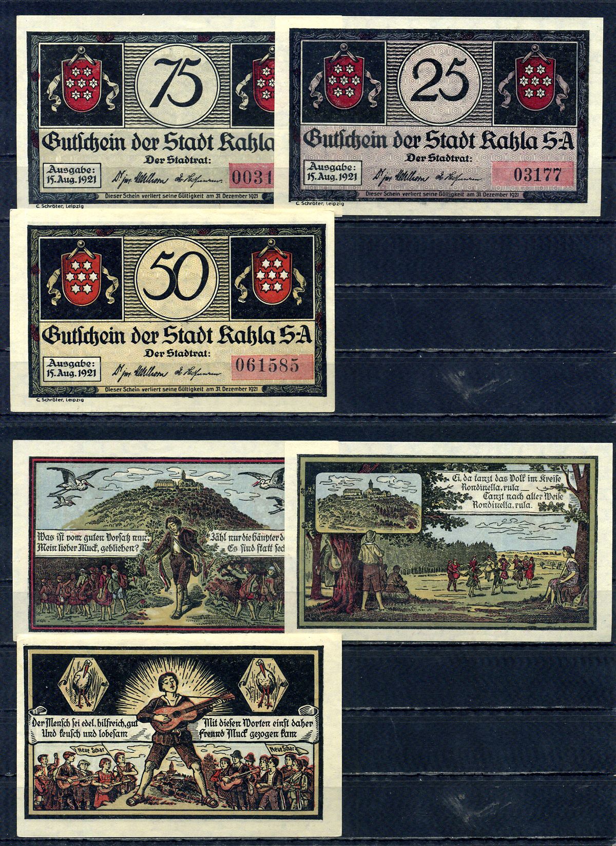 Кала (Тюрингия) полный набор из 3 нотгельдов (25, 50 и 75 пфеннигов) 1921 Mehl Grabowski 668.3a бумага 7555-58-4-1
