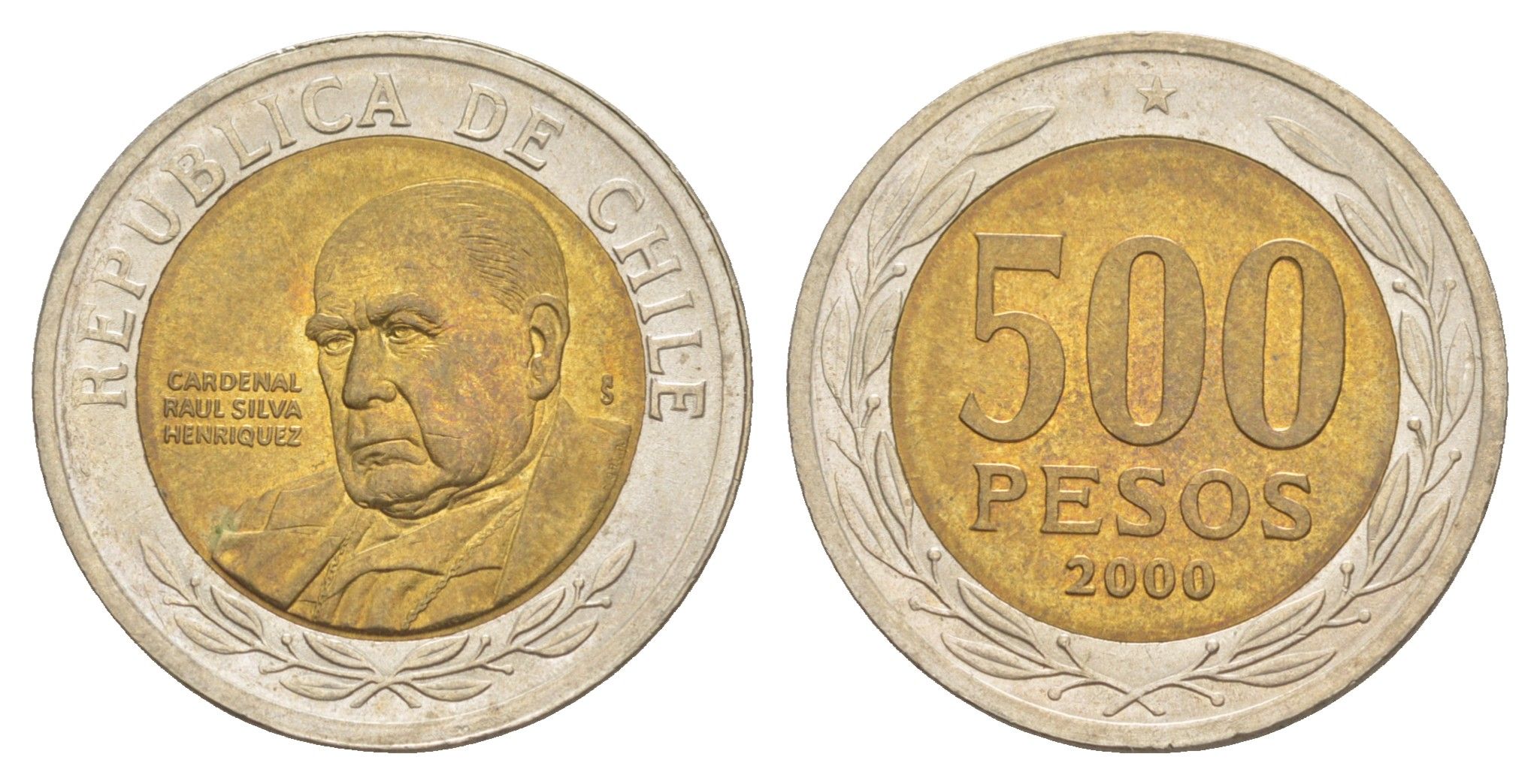 Чили 500 песо 2000 кардинал Рауль Сильва Энрикес (1907-1999) KM 235 биметалл UNC 4641-536