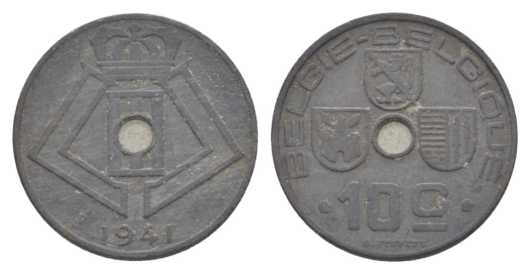 Бельгия 10 сантимов 1941 Belgie - Belgique, Леопольд III (1934-1947), германская оккупация, Вторая мировая война KM 126 цинк 4639-111