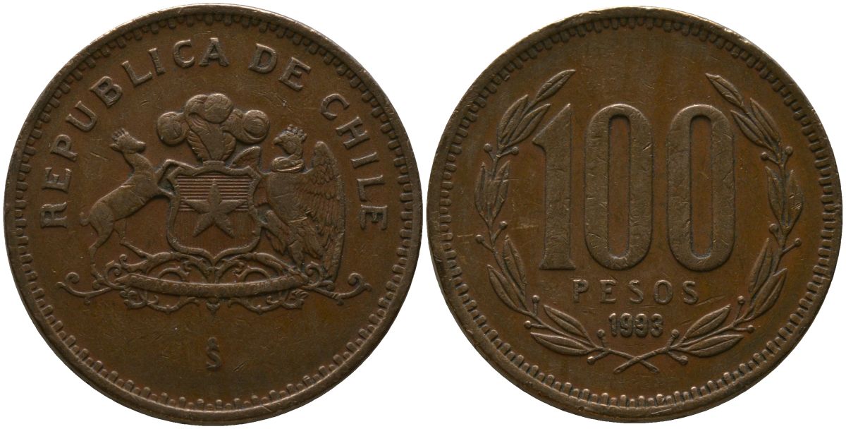 Чили 100 песо 1993 So KM 226.2, Schon 71 алюминиевая бронза 4544-1143