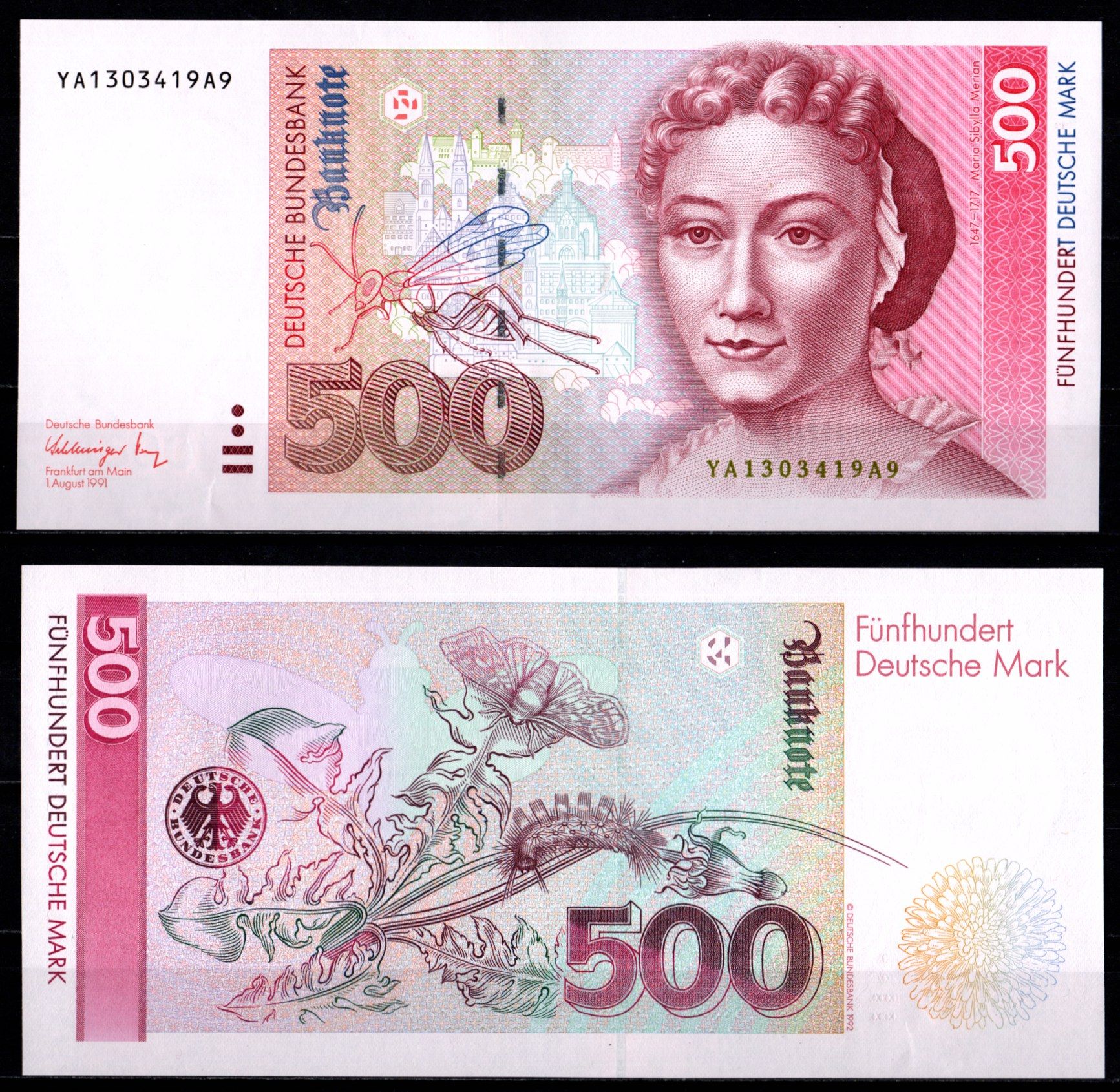 ФРГ 500 марок 1991 Мария Сибилла Мериан, оса Pick 43 a бумага aUNC 451-1150-1