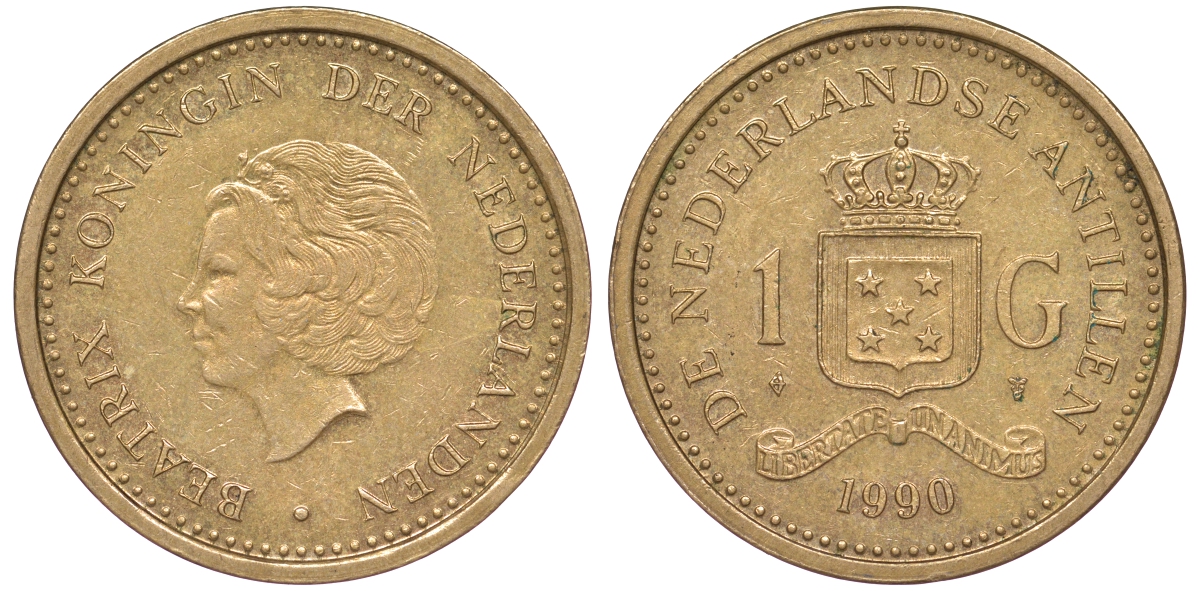 Нидерландские Антилы 1 гульден 1990 Беатрикс (1980-2013) KM 37 позолоченная сталь 25-2013