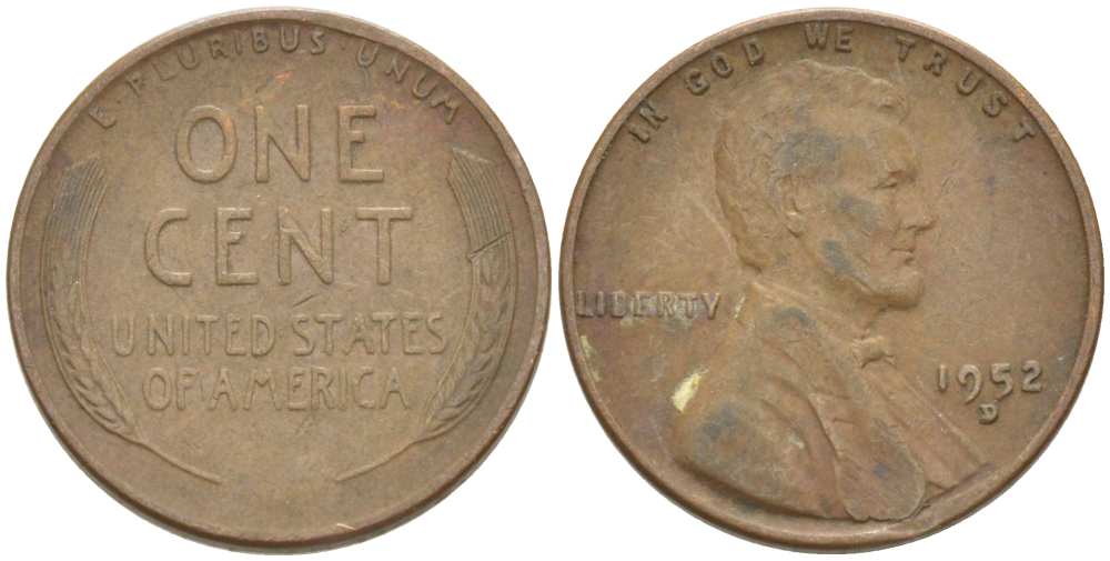 США 1 ЦЕНТ 1952 D, ЛИНКОЛЬН KM А132 медь цинк 3309-965