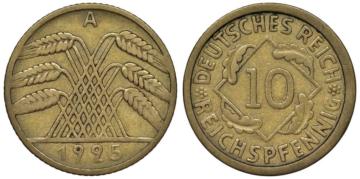 Германия 10 рейхспфеннигов 1925 A KM 40, J. 317 алюминиевая бронза 4121-912