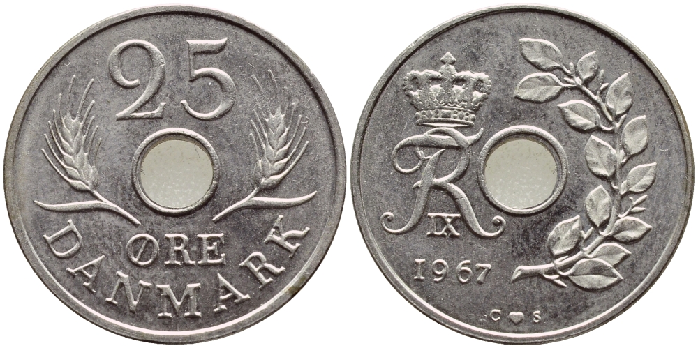 Дания 25 эре 1967 С; S, Фредерик IX (1947-1972) KM 855.1 медно-никель UNC 4398-954