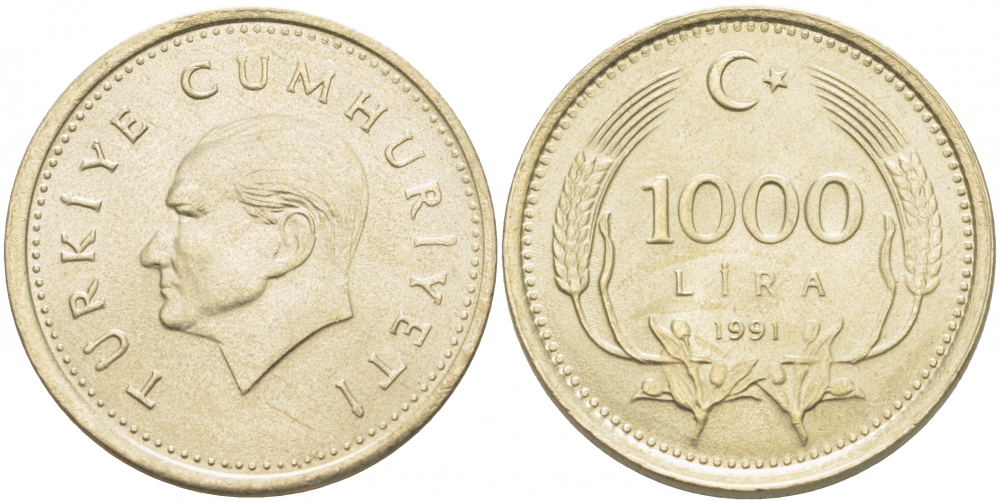 Турция 1000 лир 1991 Кемаль Ататюрк KM 997 медь никель цинк 4402-1035