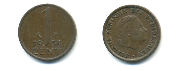 Нидерланды 1 цент 1954 Юлиана (1949-1980) KM 180 бронза 80-951