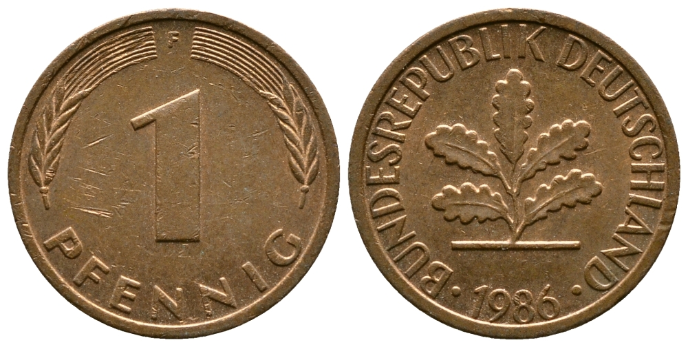 ФРГ 1 ПФЕННИГ 1986 F KM 105, J.380 сталь плакированная медью 179-1026