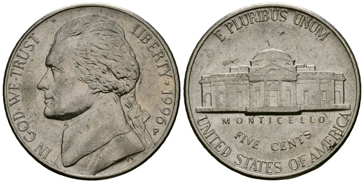 США 5 центов 1996 Джефферсон KM A192 медно-никель 4135-455