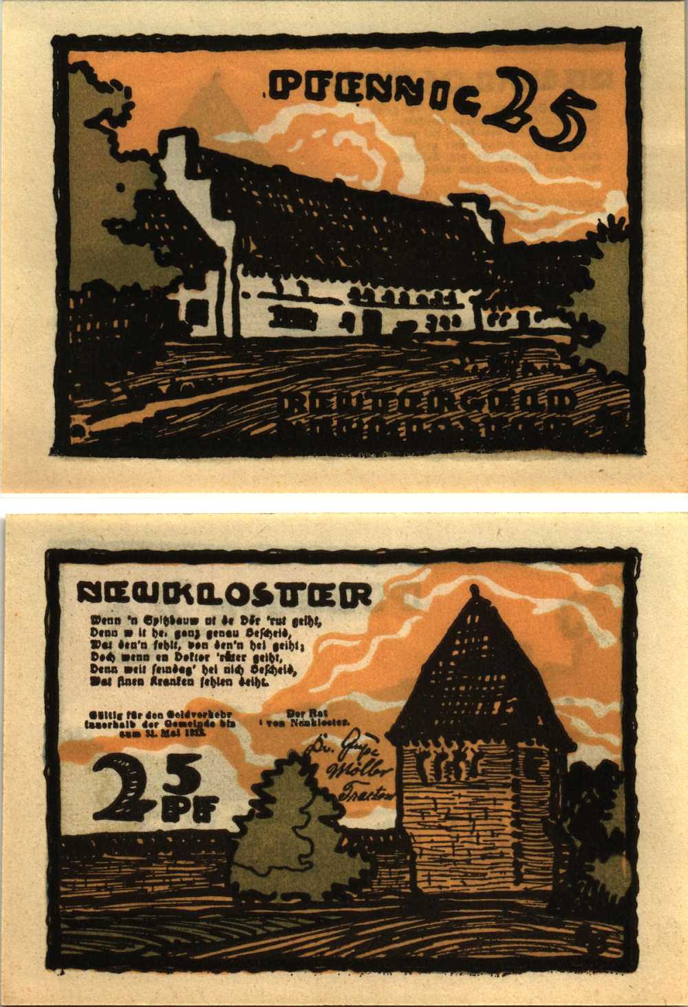 НОЙКЛОСТЕР 25 ПФЕННИГОВ 1922 НОТГЕЛЬД, 1922 - 31 МАЯ 1922, ЗЕМЛЯ МЕКЛЕНБУРГ-ПЕРЕДНЯЯ ПОМЕРАНИЯ Grabowski 951.1 бумага 8608-11-2-2