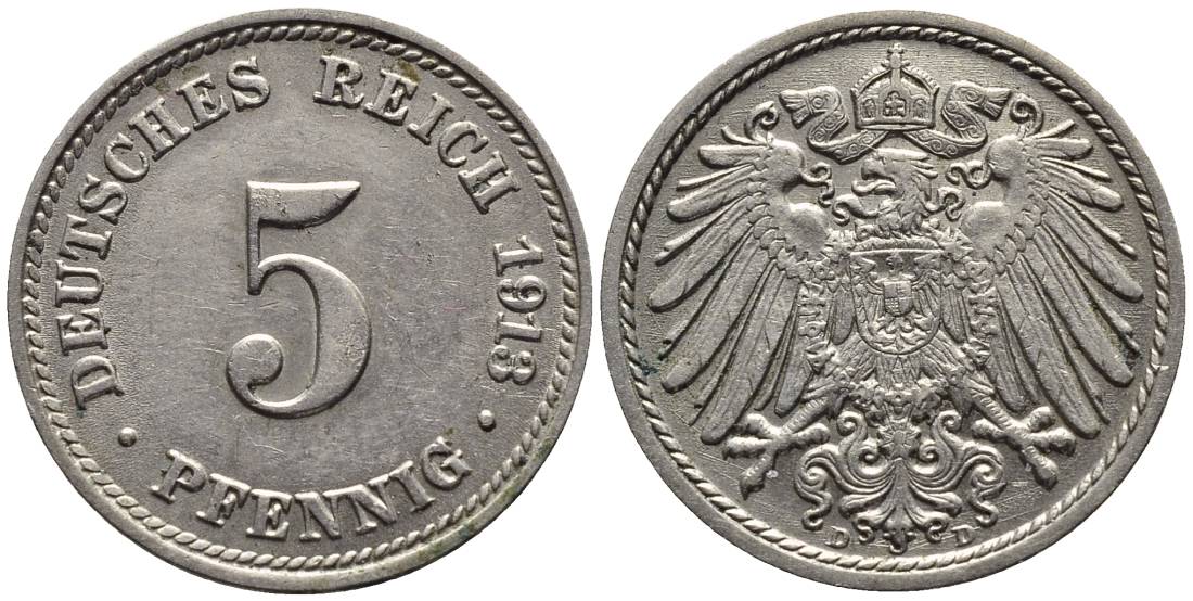 ГЕРМАНИЯ 5 ПФЕННИГОВ 1913 D KM 11, Jager 12, Weege 6 медно-никель 4547-535