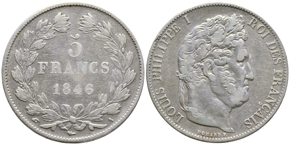 Франция 5 франков 1846 А, Луи Филипп I (1830-1848) LE FRANC 325.10, KM 749.1 серебро 79-1224