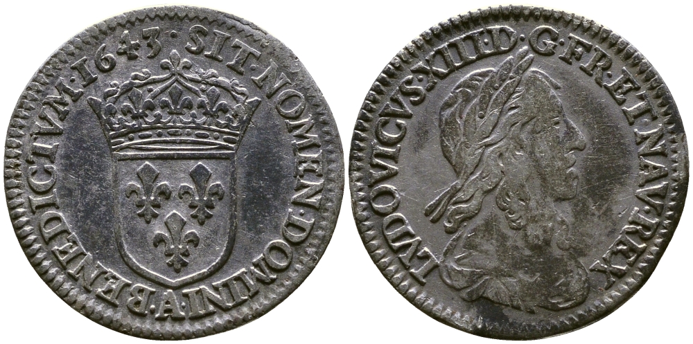 Франция 1/12 экю 1643 А, Людовик XIIII KM 140.1 серебро 603-1414