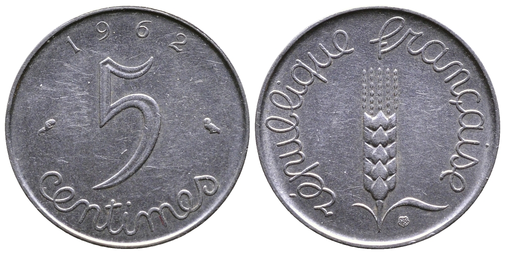 ФРАНЦИЯ 5 САНТИМОВ 1962 KM 927 хромированная сталь 26-962