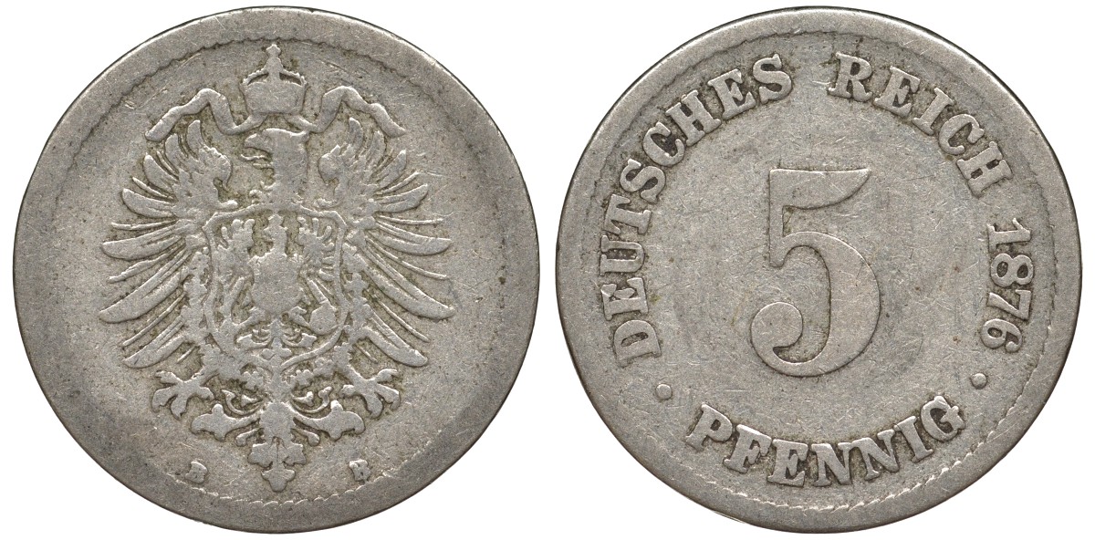 Германия 5 пфеннигов 1876 B, старогербовка KM 3, J. 3 медно-никель 51-3057