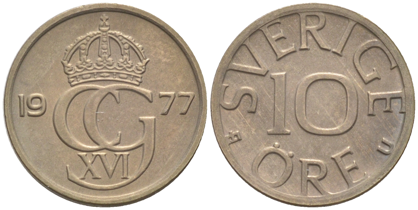 Швеция 10 эре 1977 Карл XVI Густав (1973- ) KM 850 медно-никель UNC 187-826