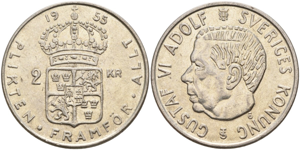 Швеция 2 кроны 1955 TS, Густав VI Адольф (1950-1973) KM 827 серебро 4149-123
