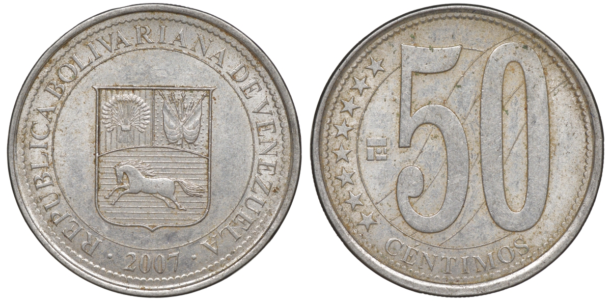 Венесуэла 50 сентимо 2007 Y 92 сталь плакированная никелем 4606-445