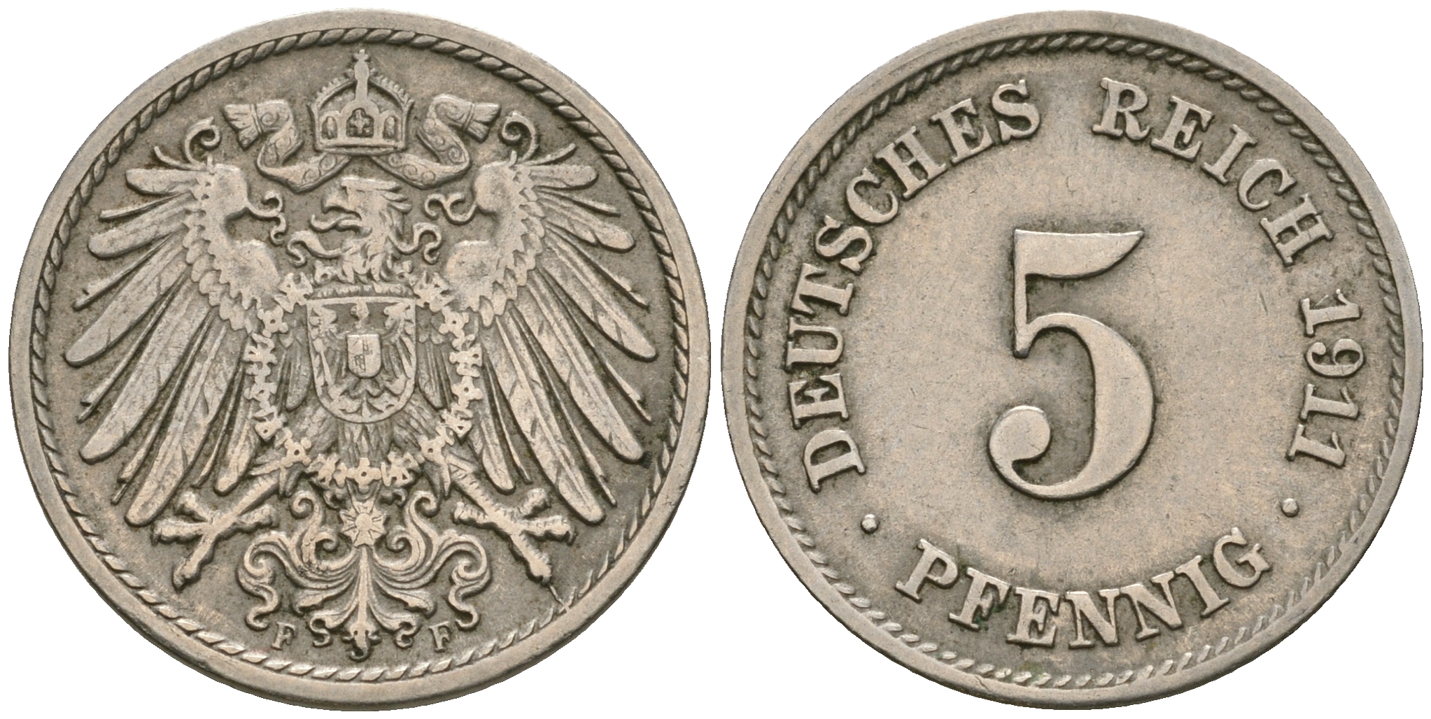 Германия 5 пфеннигов 1911 F KM 11, Jager 12, Weege 6 медно-никель 08-1418