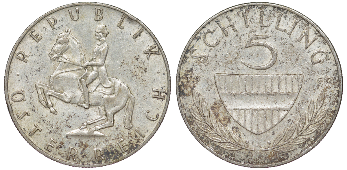 Австрия 5 шиллингов 1960 KM 2889 серебро 4178-553