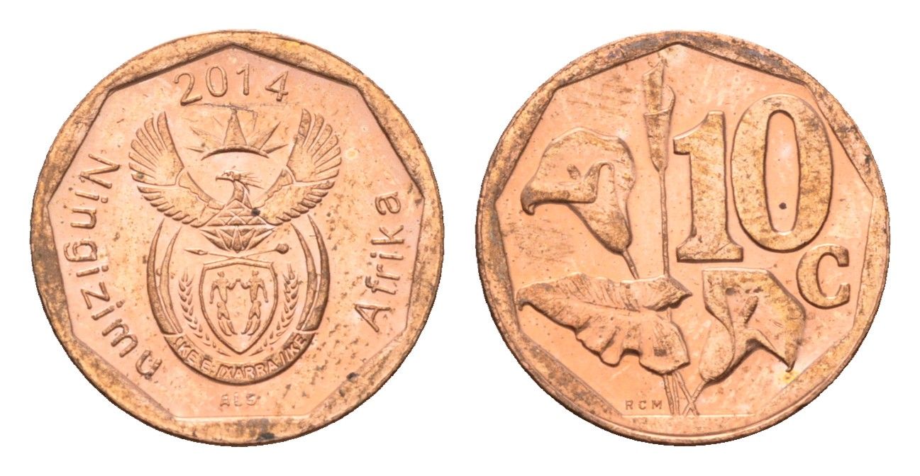 ЮАР 10 центов 2014 герб, цветок алоэ сталь плакированная бронзой UNC 4687-523