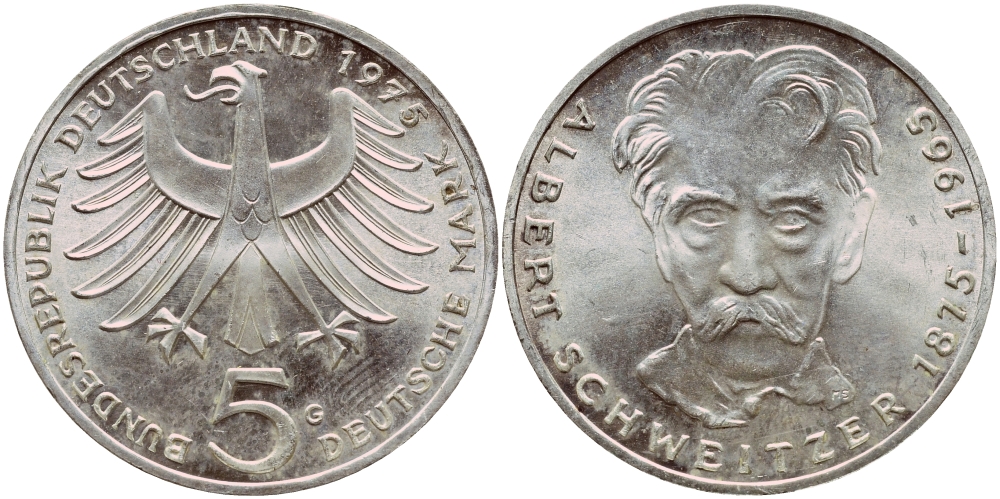 ФРГ 5 марок 1975 G, 100 лет со дня рождения Альберта Швейцара KM 143, J.418 серебро aUNC 1522-314