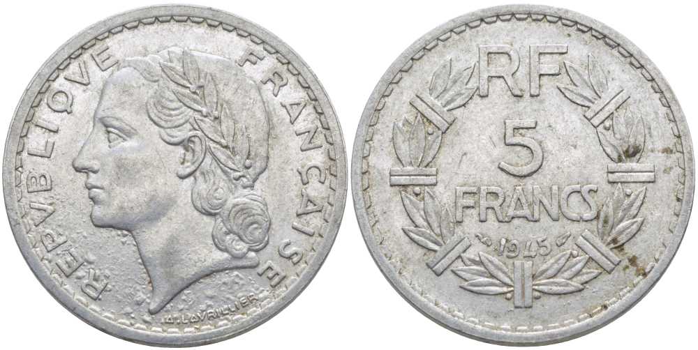 ФРАНЦИЯ 5 ФРАНКОВ 1945 9 ОТКРЫТАЯ KM 888b.1, LE FRANC 339.3 алюминий 111-1122