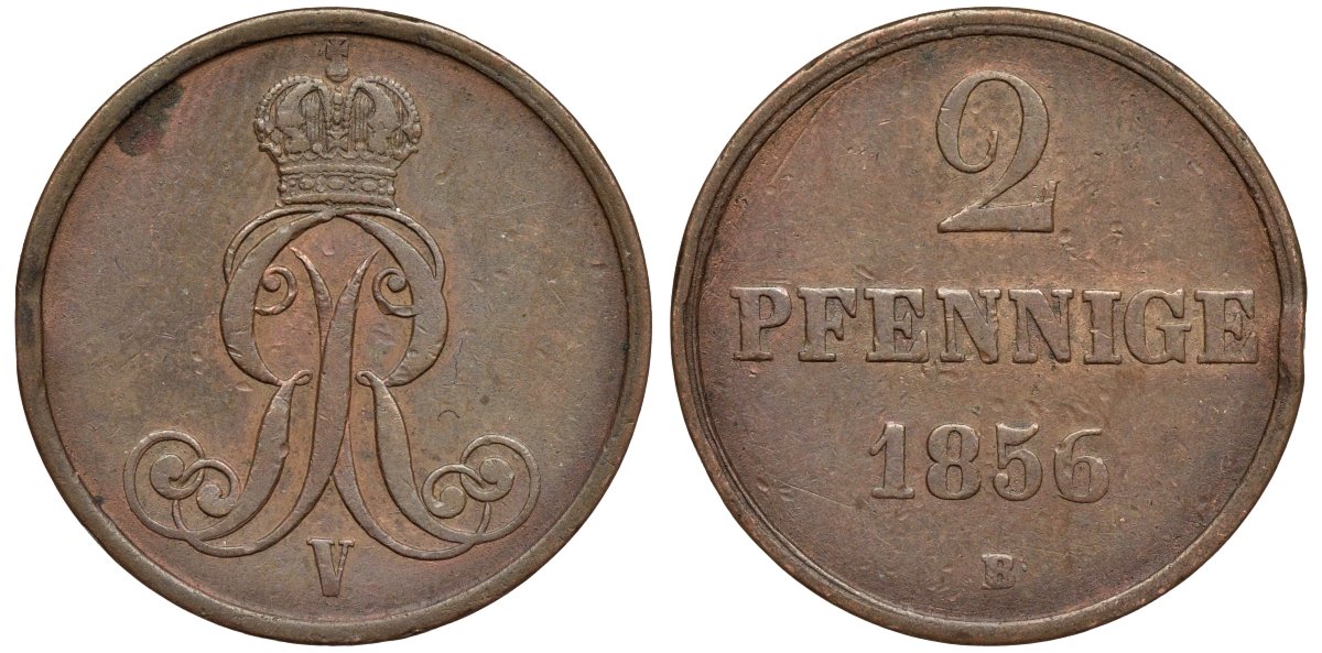 Брауншвейг-Каленберг-Ганновер 2 пфеннига 1856 B, Георг V (1851-1866) KM 217,  AKS 152, J. 84 медь 4142-244