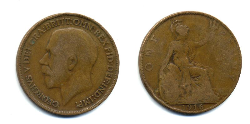 Великобритания 1 пенни 1916 Георг V (1910-1936) КМ 810, Spink 4051 бронза 47-131