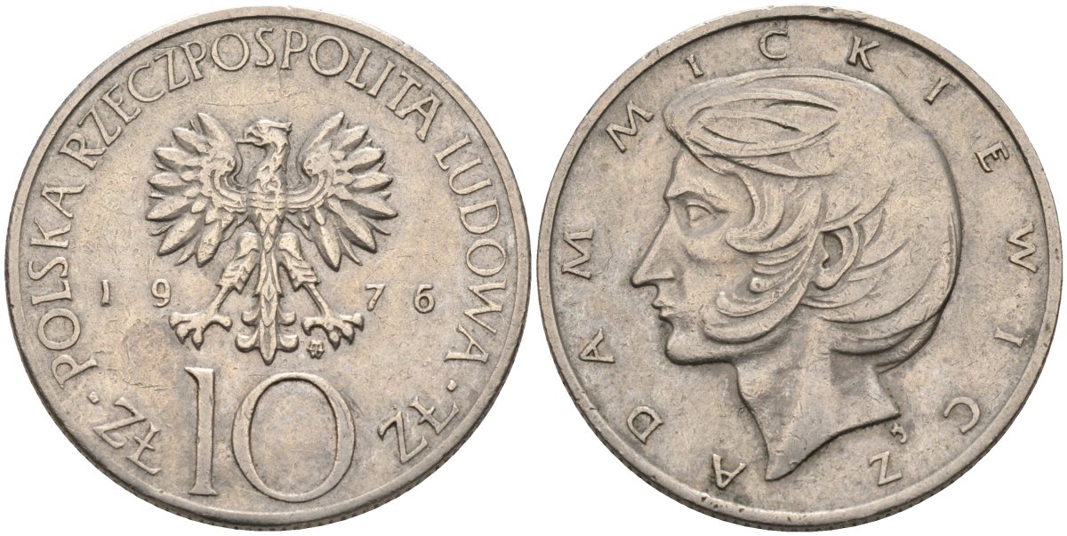 Польша 10 злотых 1976 MW, Адам Мицкевич KM 74, Parchimowicz 242b медно-никель 4556-1236
