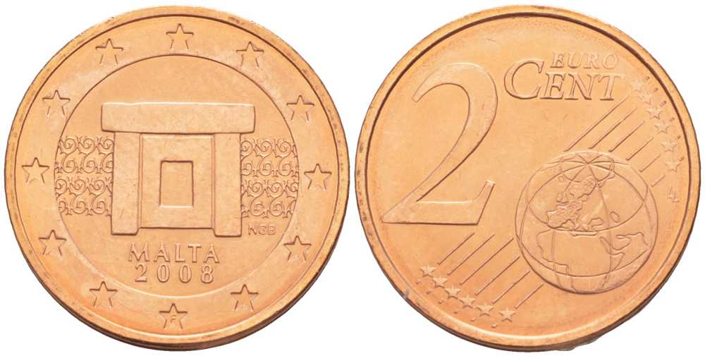 Мальта 2 евроцента 2008 KM 126 сталь плакированная медью UNC 54-1058