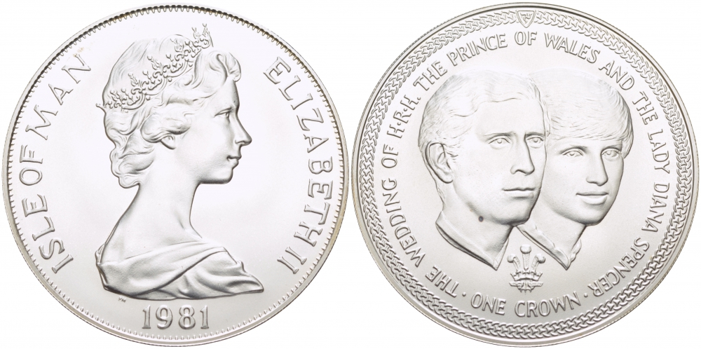 Остров Мэн 1 крона 1981 Королевская свадьба принца Чарльза и леди Дианы, портреты КМ 82a серебро UNC 1081-9-13