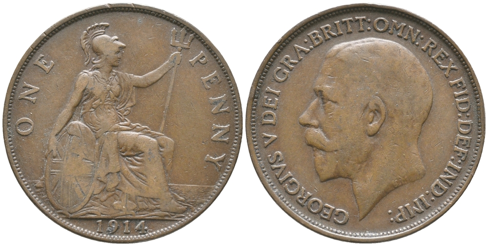 Великобритания 1 пенни 1914 Георг V (1910-1936) KM 810, Spink 4051 бронза 32-512