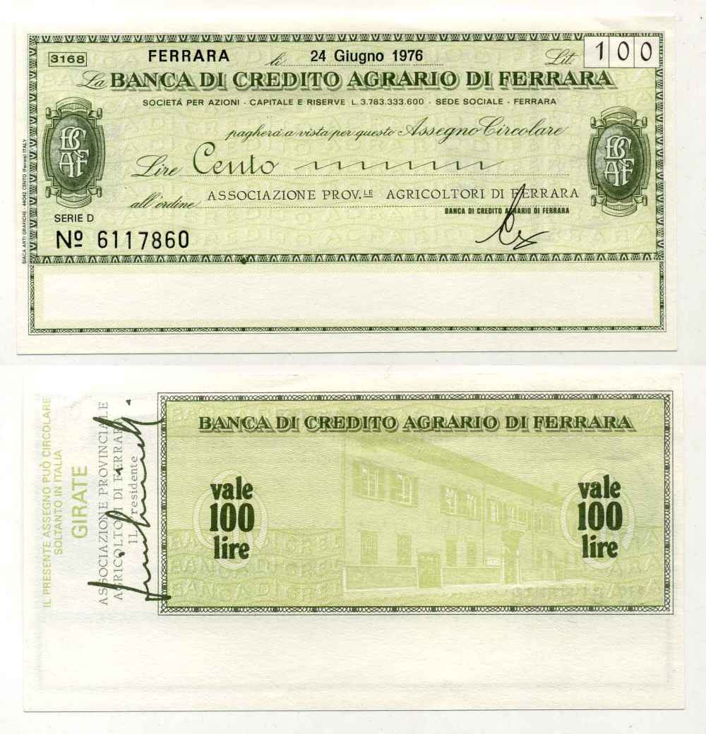 Италия чек на 100 лир 1976 Banca Di credito agrario Di ferrara, ассоциация фермеров провинции ferrara, серия D, 24 июня 1976 бумага UNC (пресс) 8588-13-4-1