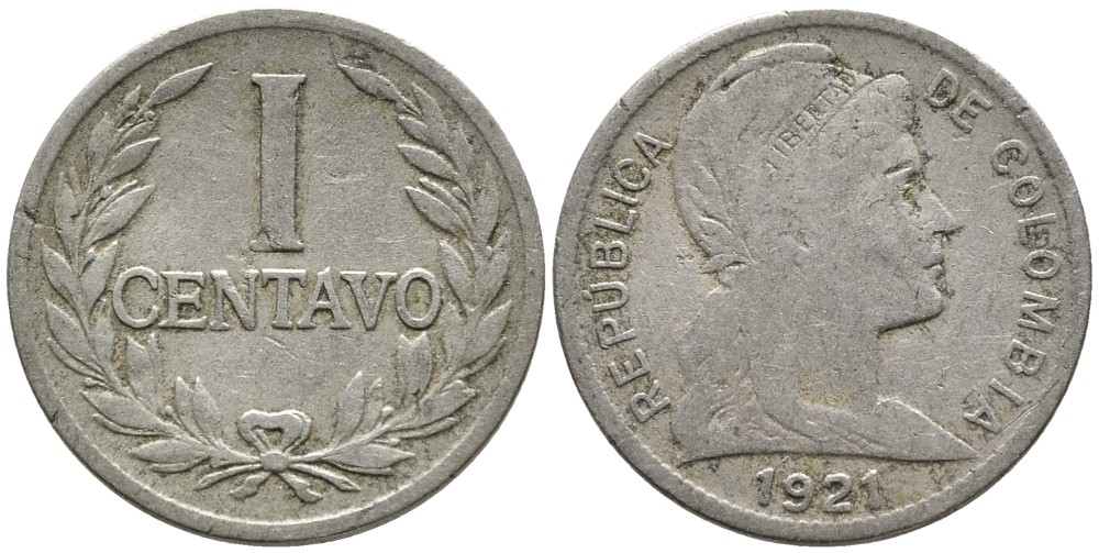 Колумбия 1 сентаво 1921 KM 275 медно-никель 4532-163