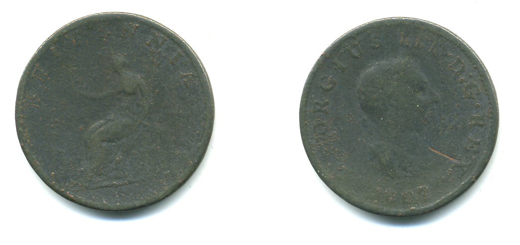 Великобритания 1/2 пенни 1807 Георг III (1760-1820) KM 662, Spink 3781 медь 540-135