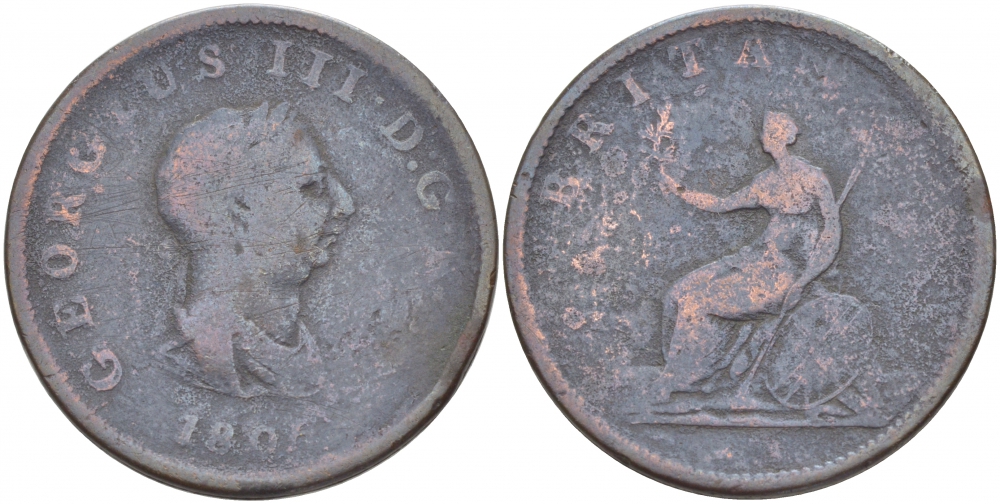 Великобритания 1/2 пенни 1806 Георг III (1760-1820) KM 662, Spink 3781 медь 4545-216