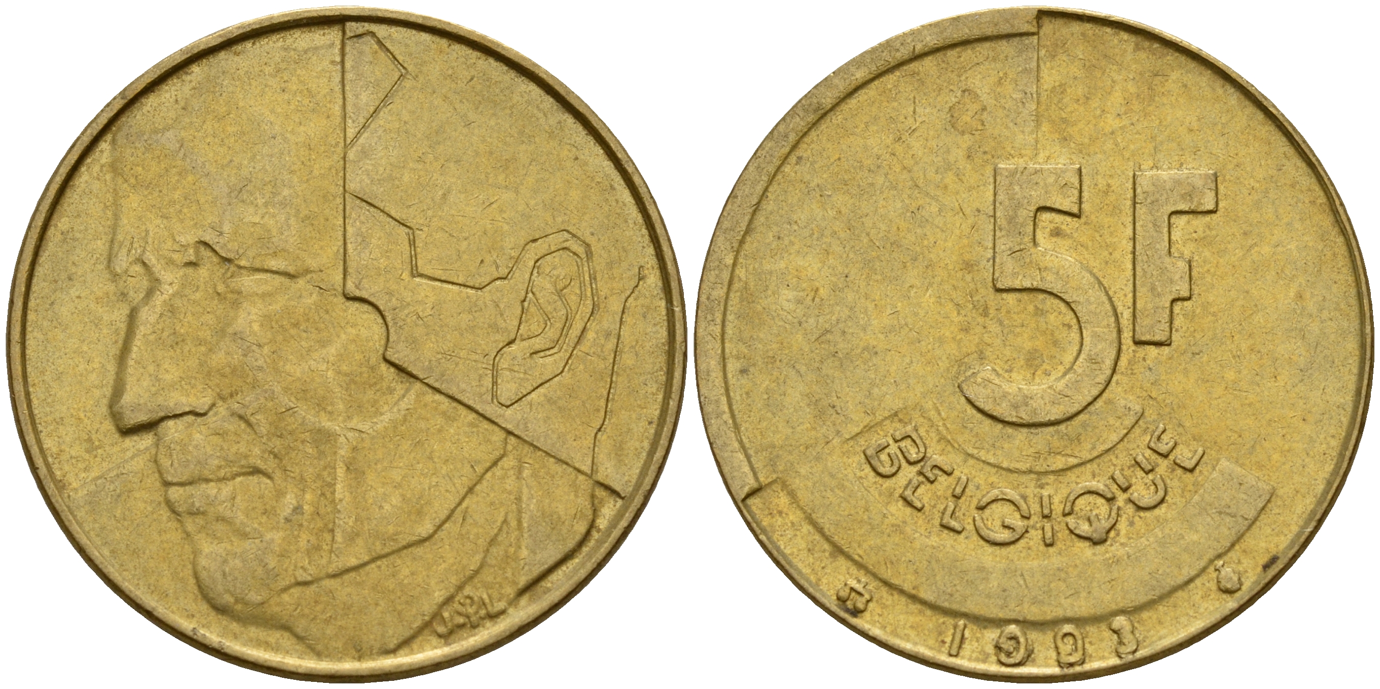 Бельгия 5 франков 1992 Belgique KM 163 алюминиевая бронза плакированная латунью    4187-434